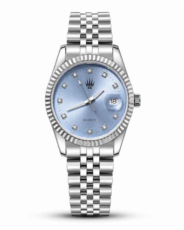 Elyra Silver Blue saatin önden kasa ve çelik kordon görünümü