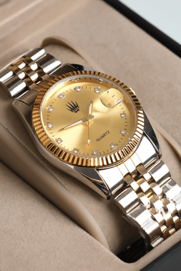 Elyra Silver Gold Yellow saatin yandan kasa ve kordon görünümü
