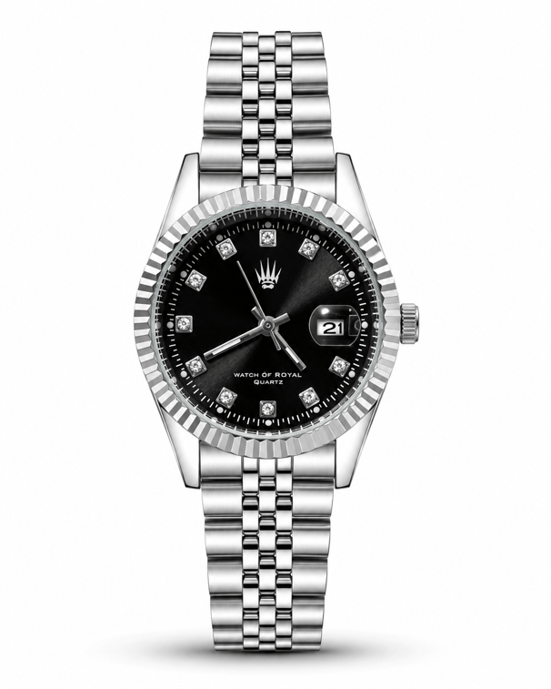 Pearl Luxe Silver Black saatin önden kasa ve çelik kordon görünümü