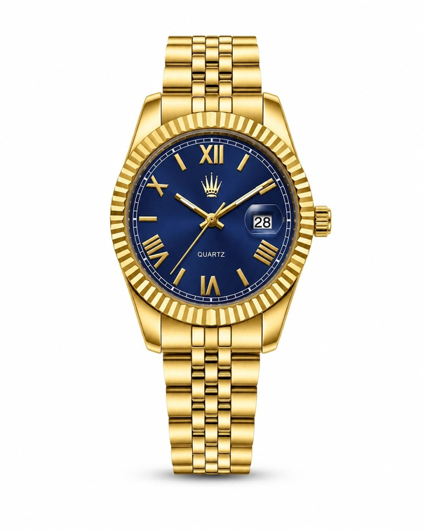Calvior Gold Blue saatin önden kasa ve çelik kordon görünümü