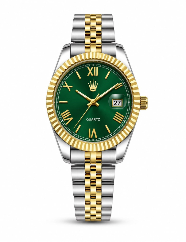 Calvior Silver Gold Green saatin önden kasa ve çelik kordon görünümü