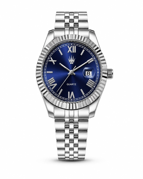 Calvior Silver Blue saatin önden kasa ve çelik kordon görünümü