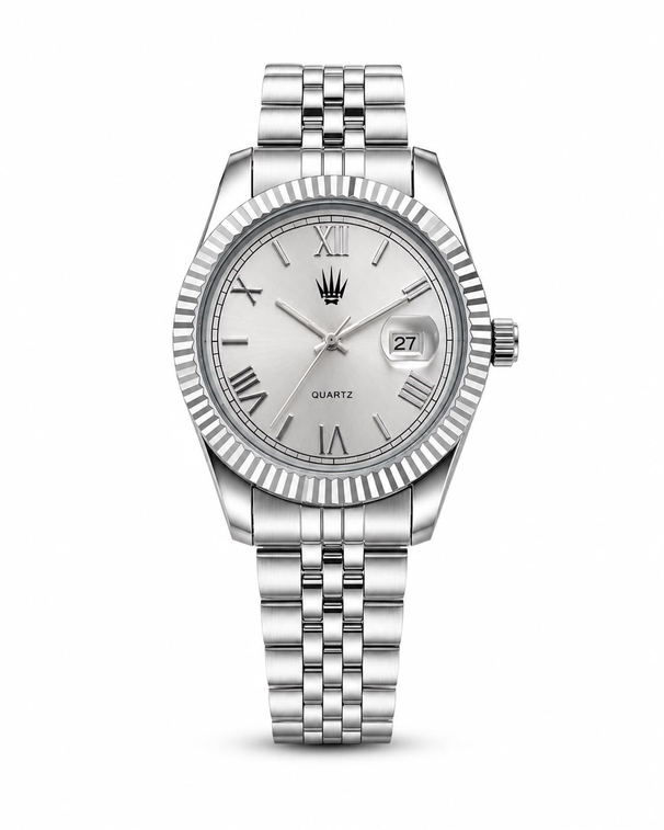 Calvior Silver Metalik saatin önden kasa ve çelik kordon görünümü