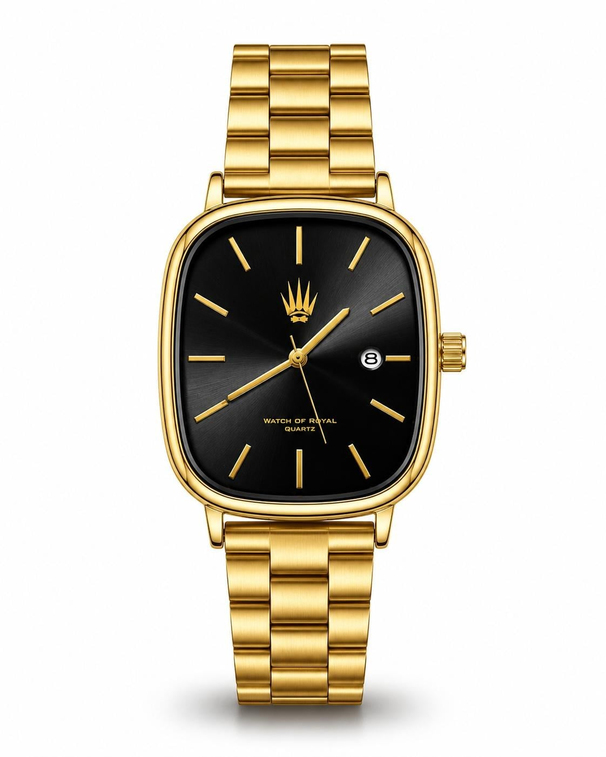 Classic Time Gold Black saatin önden kasa ve çelik kordon görünümü