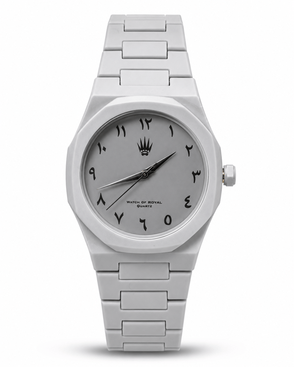 Feather The Arabic Dial Polycarbon Gri saatin önden kasa ve polikarbon kordon görünümü