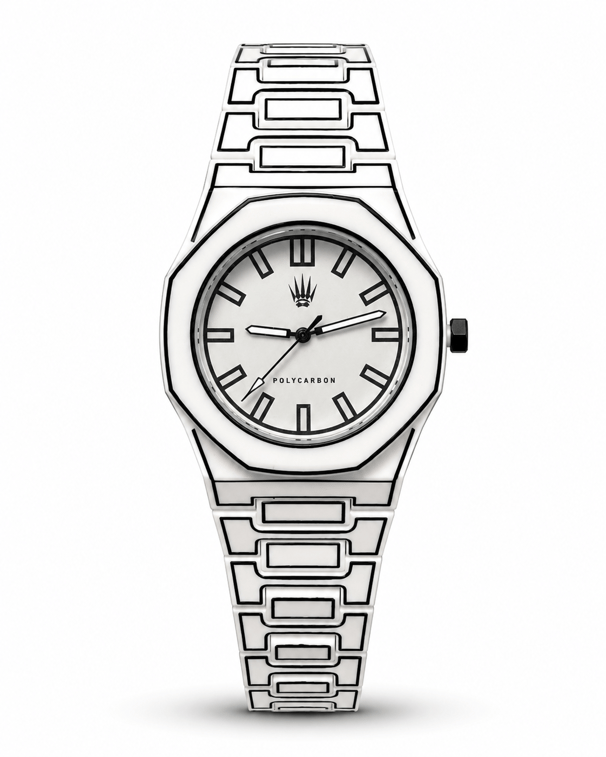 Feather Line Polycarbon White saatin önden kasa ve polikarbon kordon görünümü
