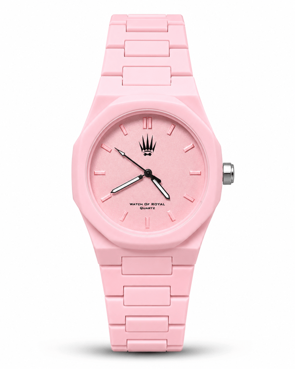 Feather Polycarbon Pembe saatin önden kasa ve polikarbon kordon görünümü