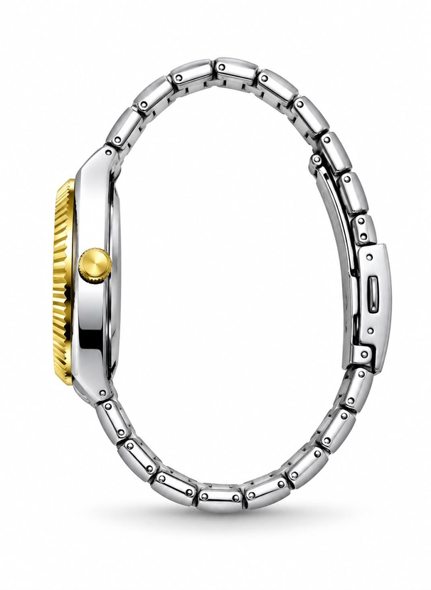 Hexora Prime Silver Gold White saatin yandan kasa ve kordon görünümü