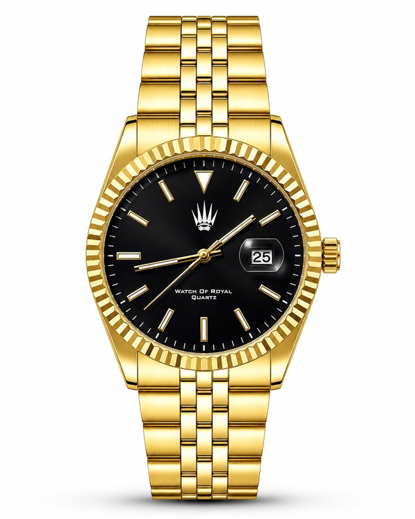 Imperio Gold Black saatin önden kasa ve çelik kordon görünümü