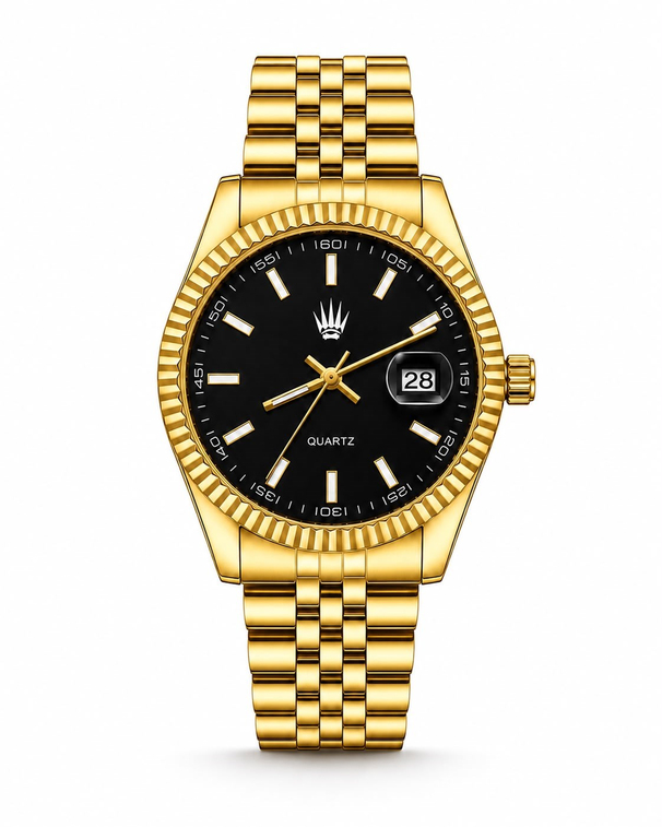 Kaelor Gold Black saatin önden kasa ve çelik kordon görünümü