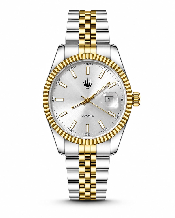 Kaelor Silver Gold Metalik saatin önden kasa ve çelik kordon görünümü