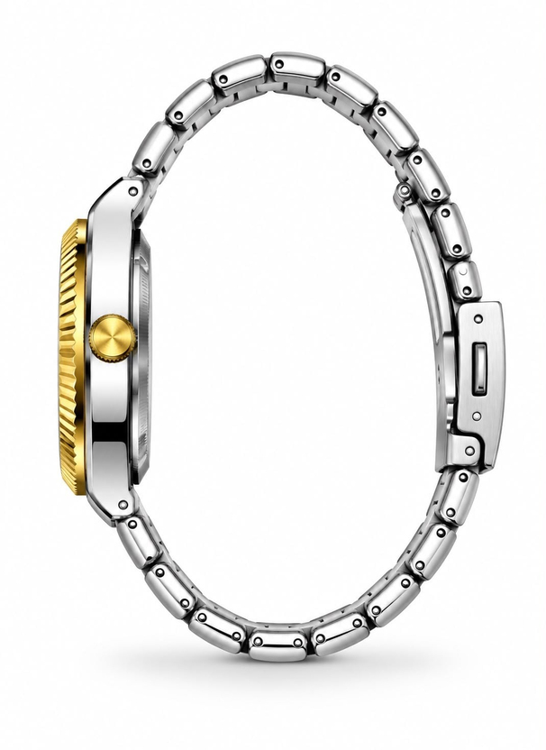 Kaelor Silver Gold Black saatin yandan kasa ve kordon görünümü