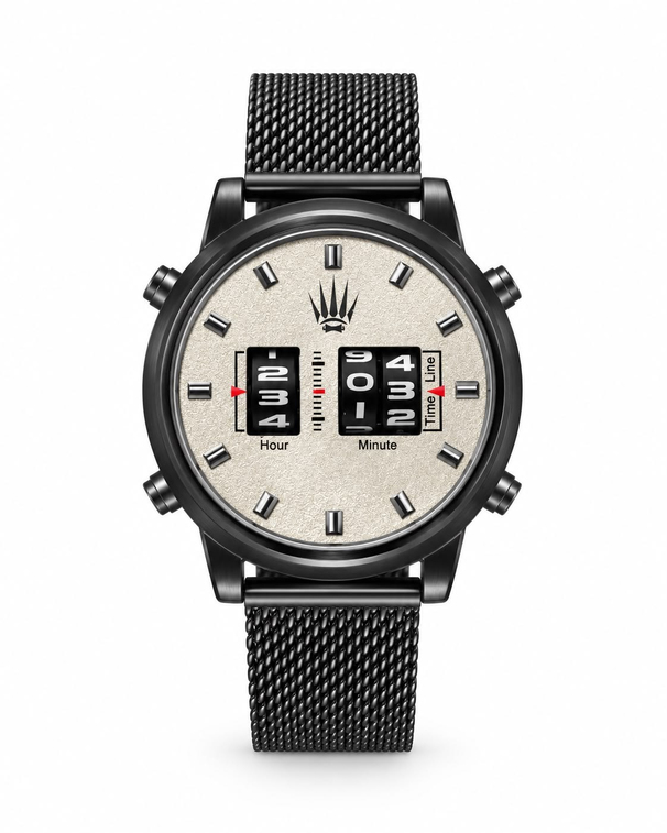 ROLLER DESIGN BLACK-WHITE STEEL MESH saatin önden kasa ve çelik hasır kordon görünümü
