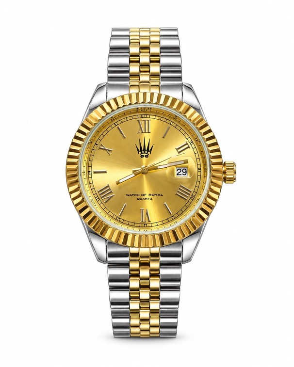 Valentor Silver Gold Yellow saatin önden kasa ve çelik kordon görünümü
