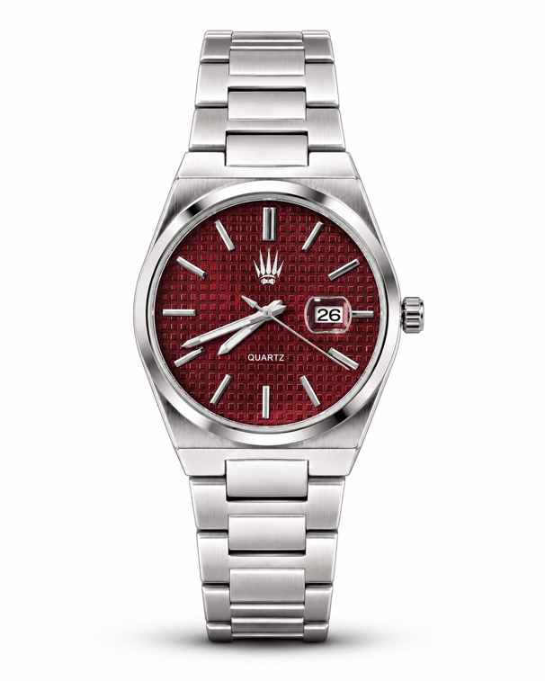 Vortex Silver Bordo saatin önden kasa ve çelik kordon görünümü