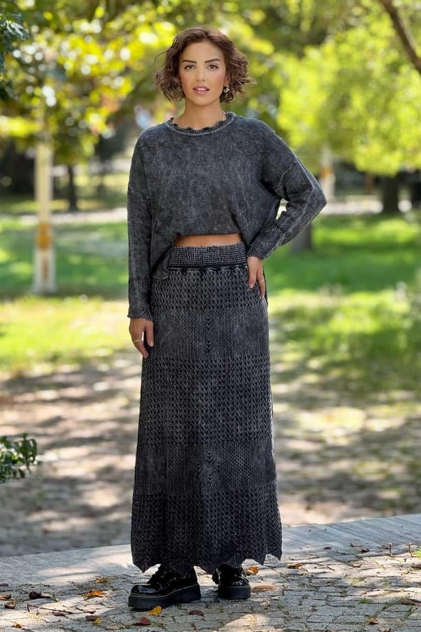 Antrasit Ajurlu Etek Bluz İkili Takım - %100 Saf Pamuk
