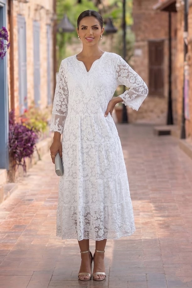 Beyaz Bella İtalyan Dantelli Elbise