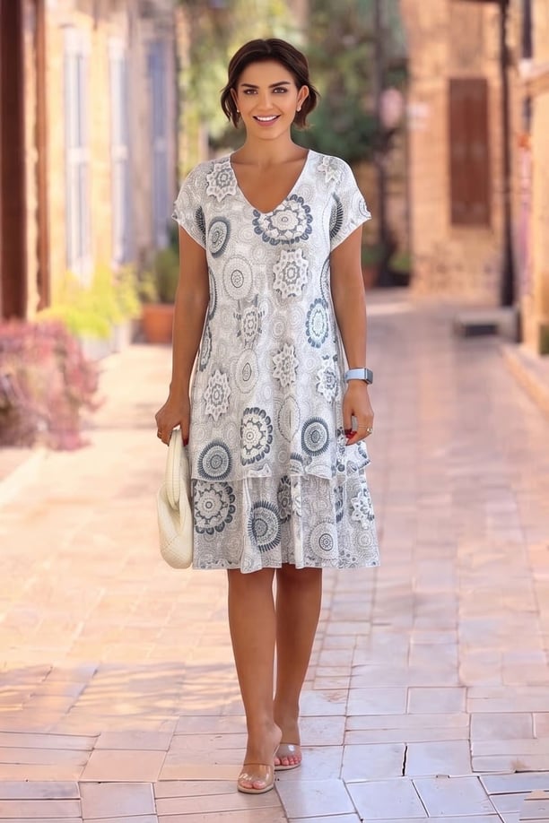 Beyaz İtalyan Mandala Desenli %100 Pamuk Elbise