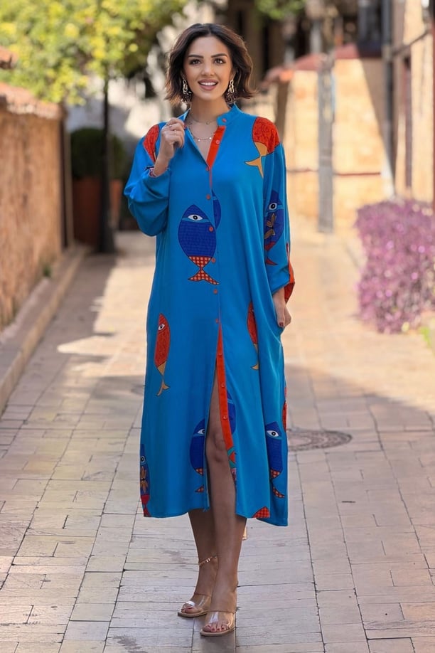 Bodrum Mavisi Balıklı Gömlek Elbise