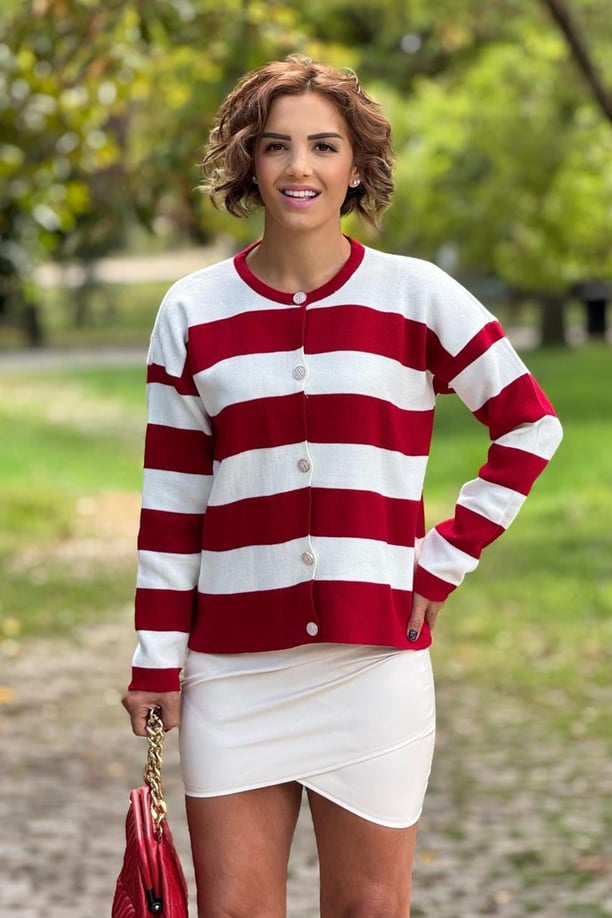 Bordo Beyaz Striped Triko Hırka