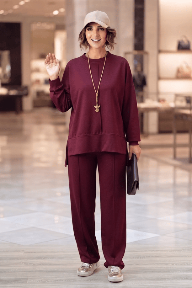 Bordo Modal Kumaş Çımalı Pantolon Bluz Takım