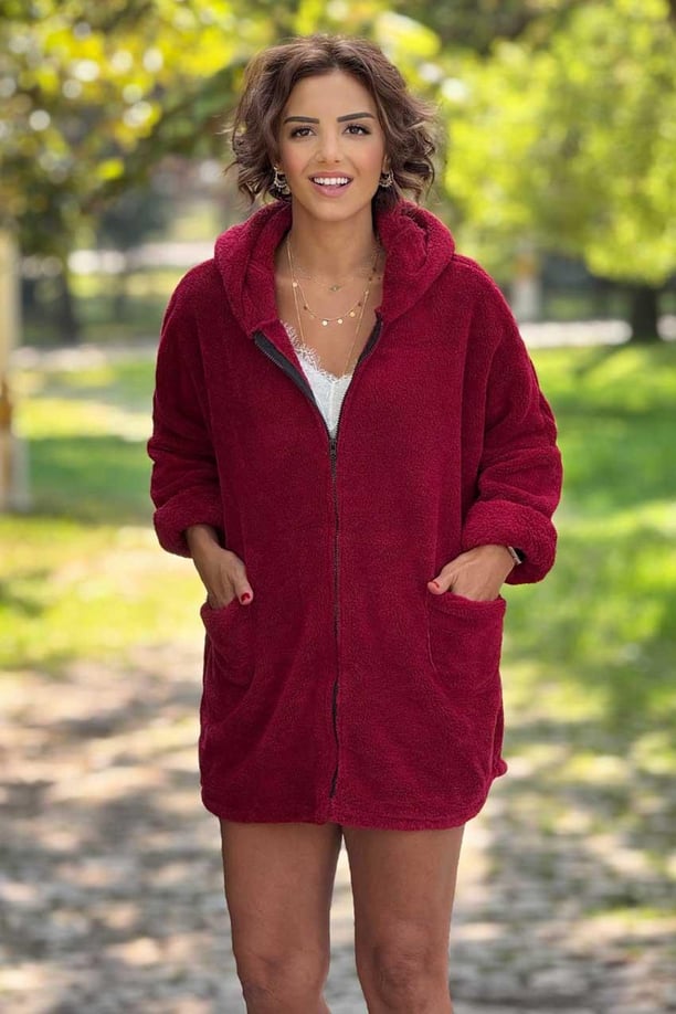 Bordo Renk Peluş Mont