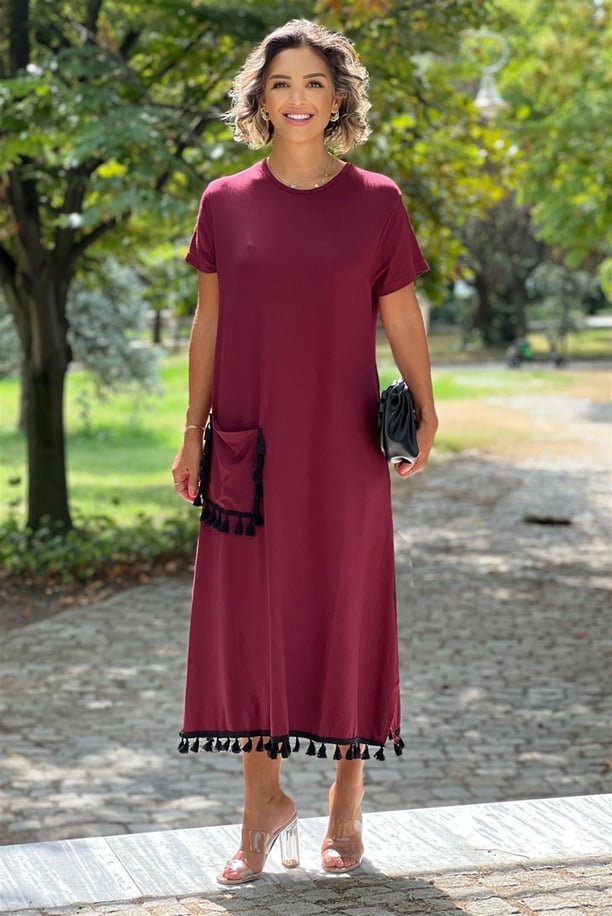 Bordo Renk Püsküllü Penye Viskon Elbise