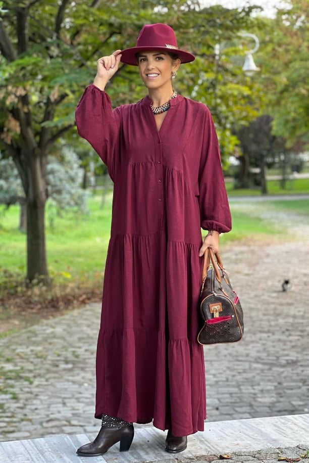 Bordo Yarım Pat Düğmeli Kışlık %100 Yün Viskon 