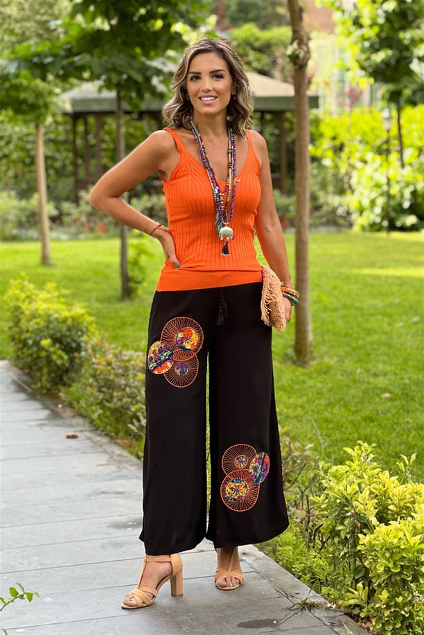 Etnik Mandala Nakışlı Siyah Pantolon