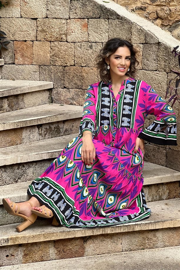 Fuşya Tuvana Desenli %100 Pamuk Yazlık Elbise