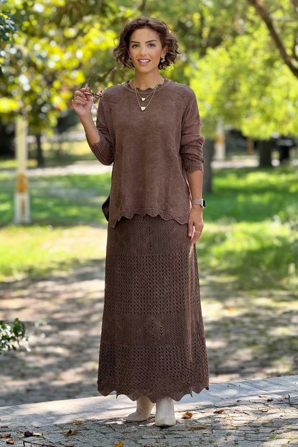 Kahverengi Ajurlu Etek Bluz İkili Takım - %100 Saf Pamuk