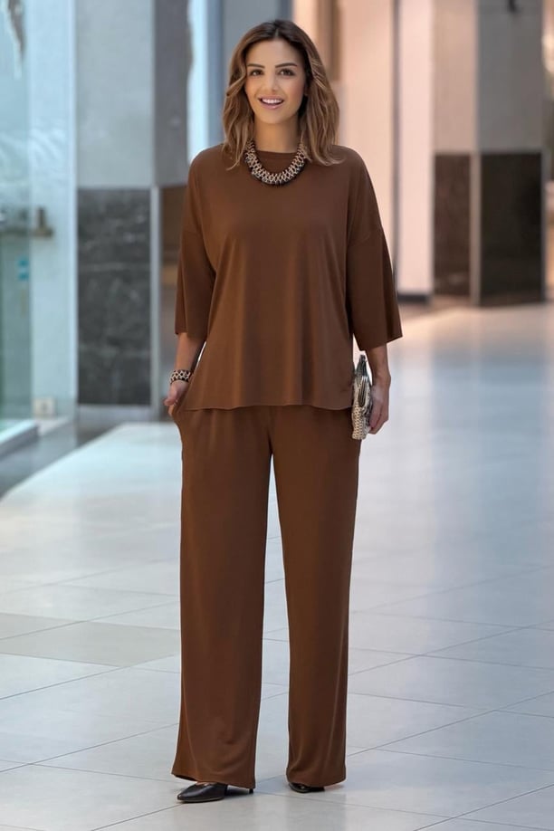 Kahverengi Basic Pantolon Bluz Takım