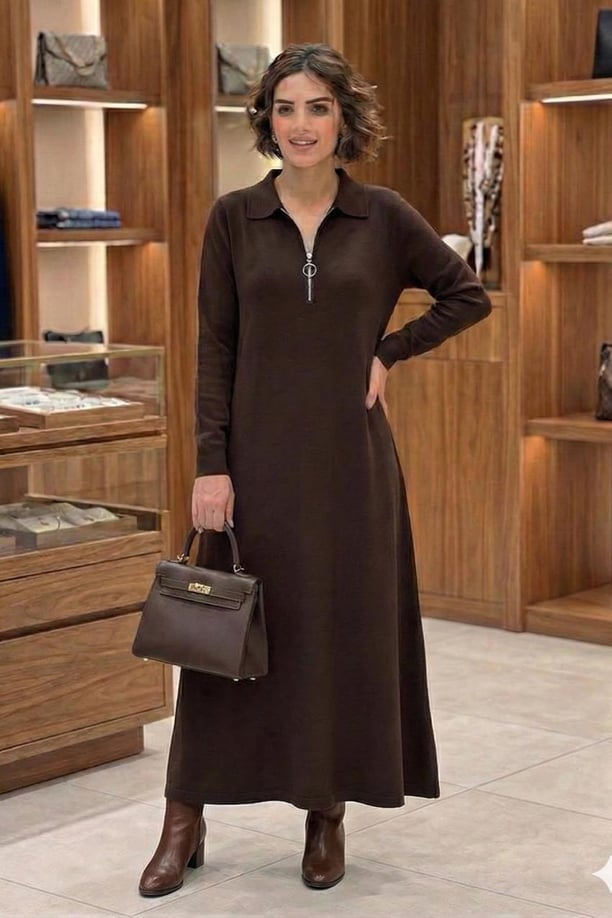 Kahverengi Elegance Modal Kumaş Fermuar Detaylı Elbise