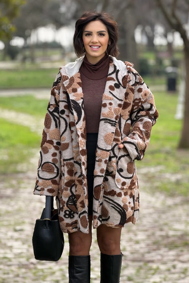 Kahverengi Kabartma Çiçekli Yün Oversize Mont
