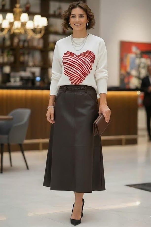 Kahverengi Kemerli Vintage Deri Etek