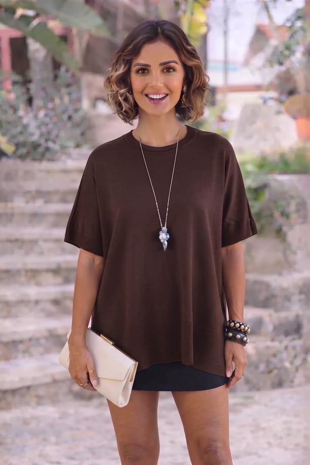 Kahverengi Oversize Triko Bluz