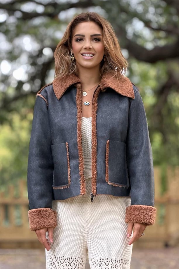 Kobalt Renk İçi Kürklü Denim Mont