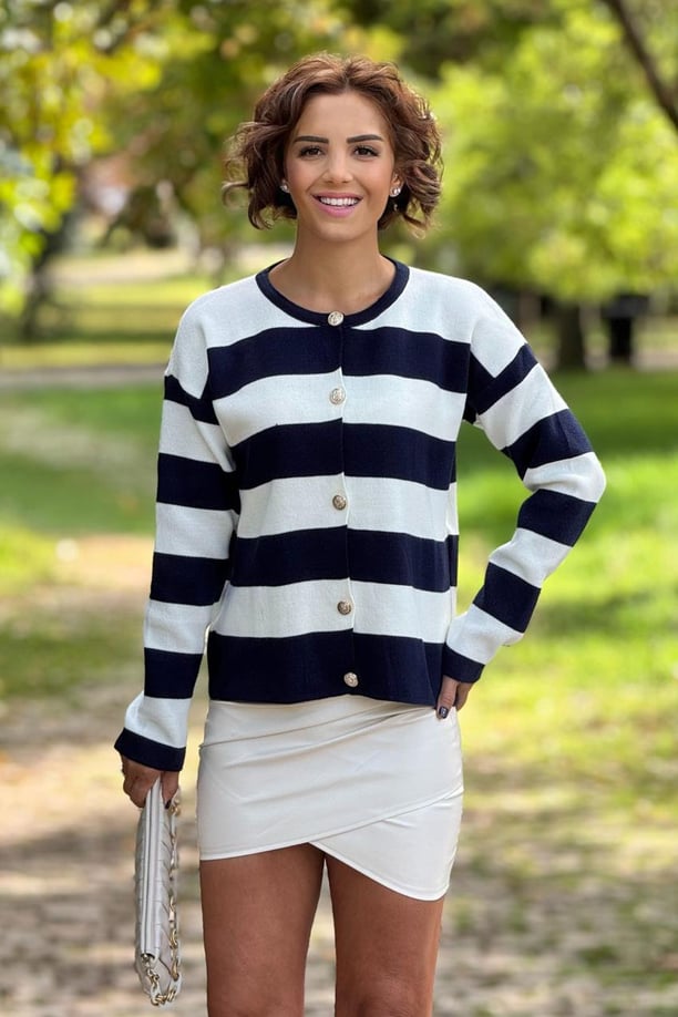 Lacivert Beyaz Striped Triko Hırka