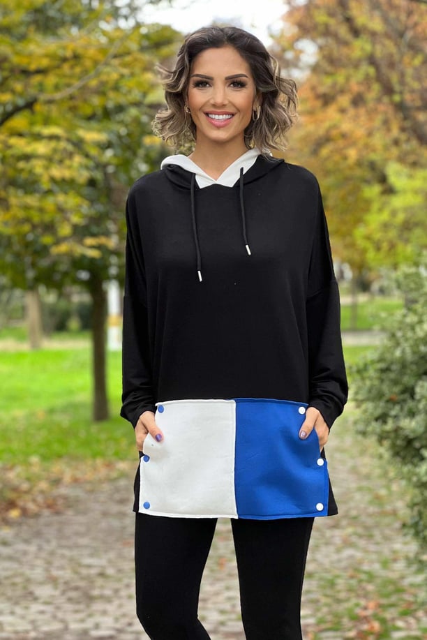 Mavi Beyaz Cepli Siyah Renk Sweatshirt