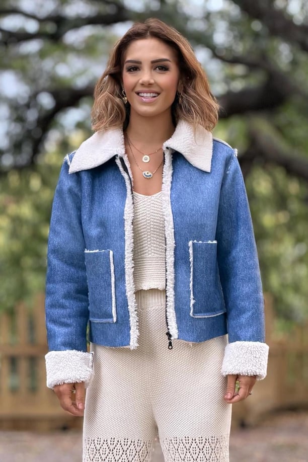Mavi İçi Kürklü Denim Mont