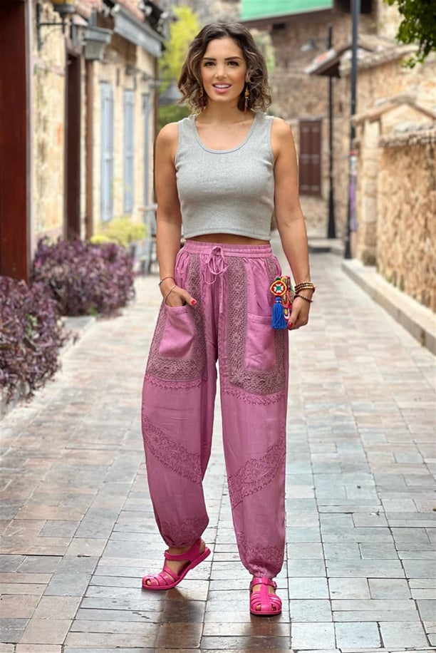 Pembe Avare %100 Pamuk İşlemeli Şalvar Pantolon