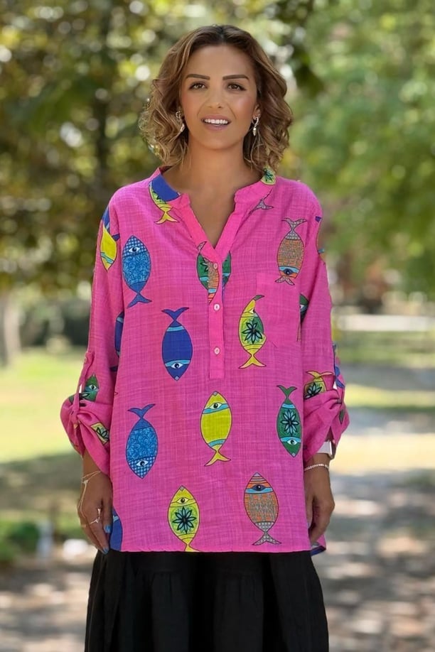 Pembe Balıklı Keten Gömlek