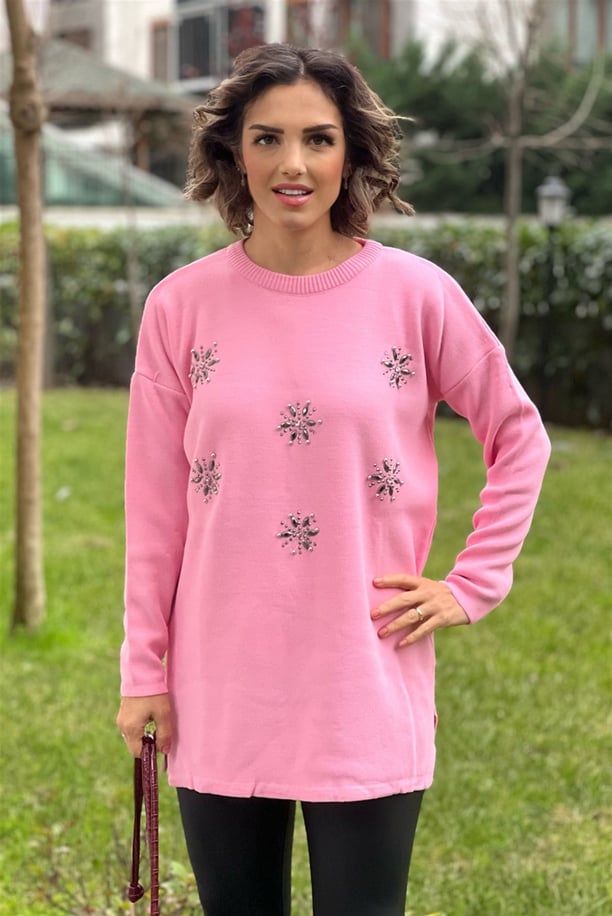 Pembe Kar Tanesi Taşlı Tunik Kazak