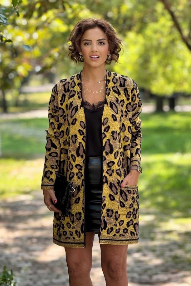 Sarı Leopar Desenli Yünlü Hırka