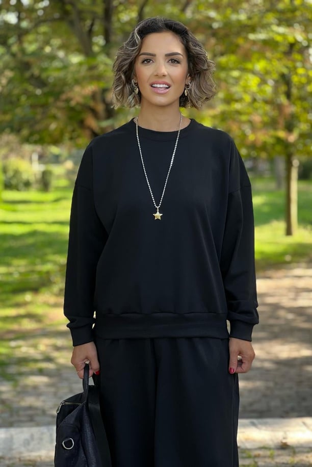 Siyah Bisiklet Yaka Sweatshirt