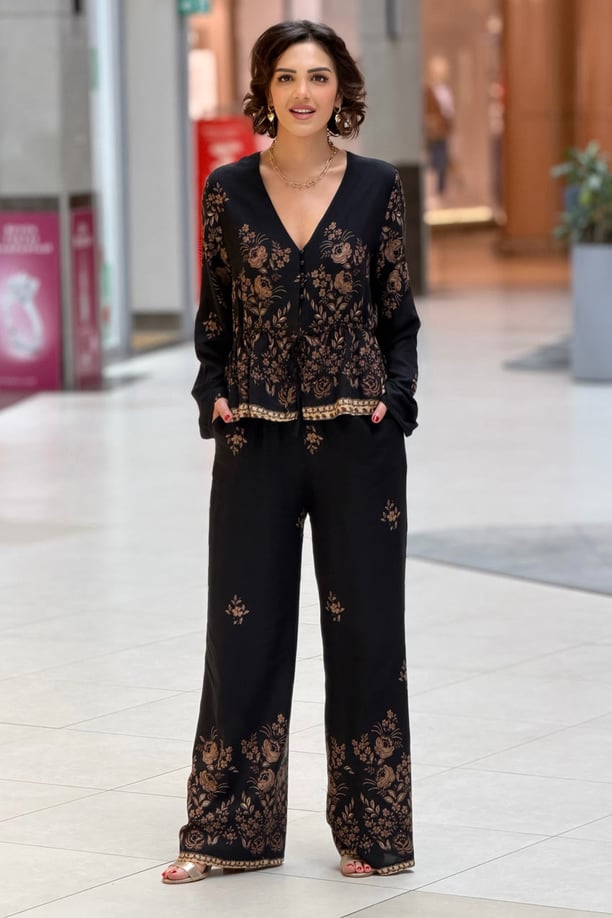 Siyah Çiçekli Pantalon Bluz Takım