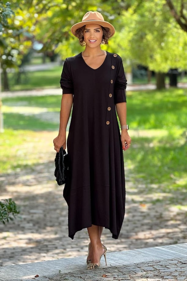 Siyah Düğme Aksesuarlı Pamuklu Elbise