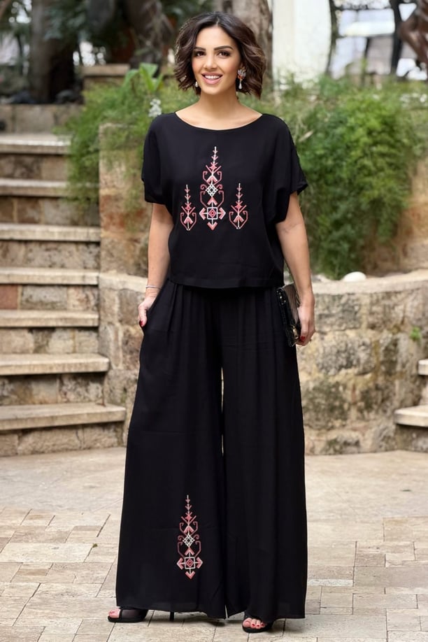Siyah Etnik Nakışlı Amore İkili Takım