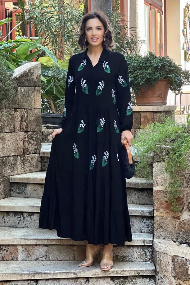 Siyah Filiz Desenli Elbise