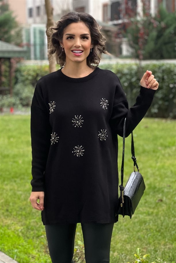 Siyah Kar Tanesi Taşlı Tunik Kazak